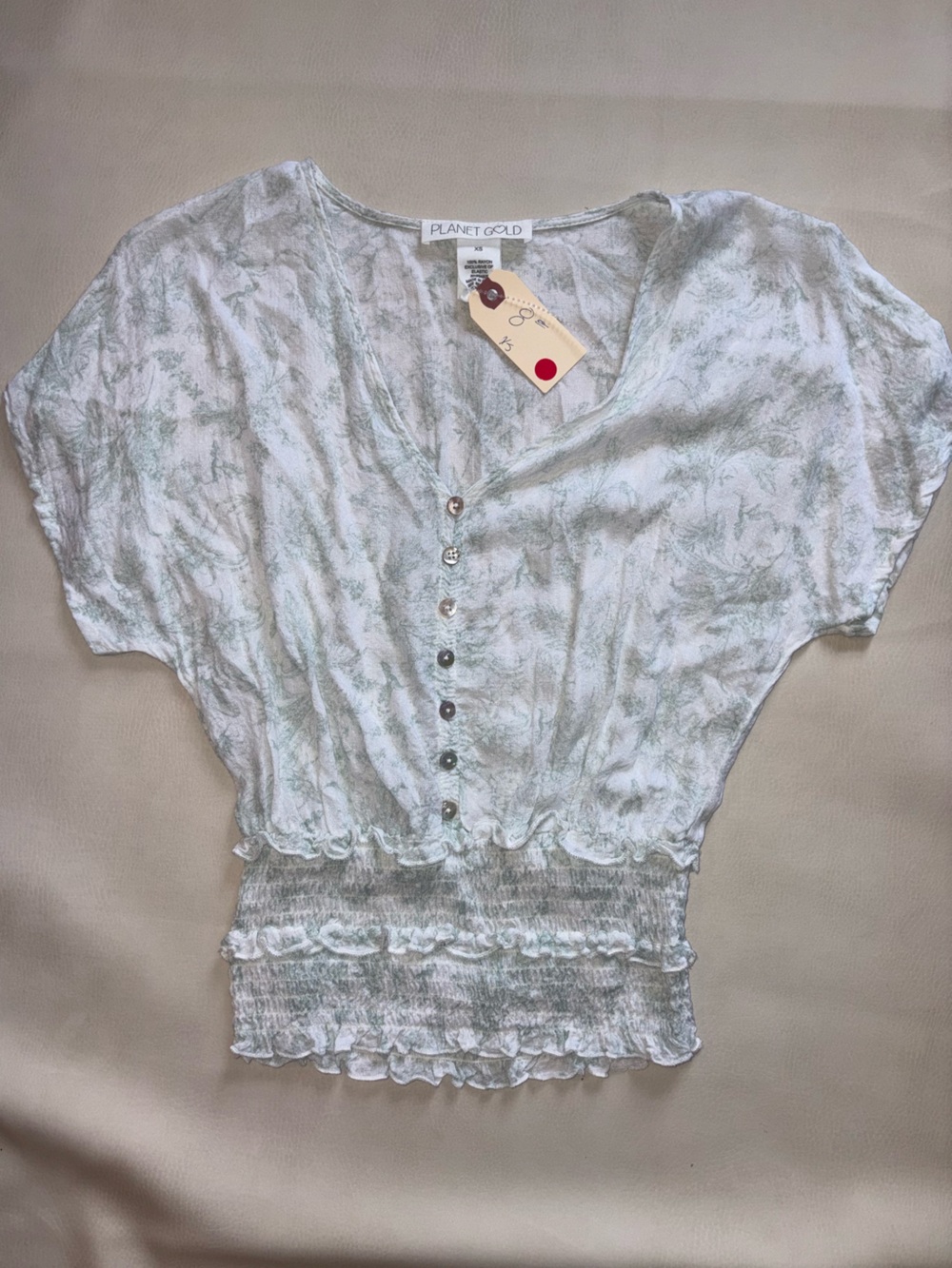 Planet Gold Mint Green Floral-Print Smocked Waist Button Front Top